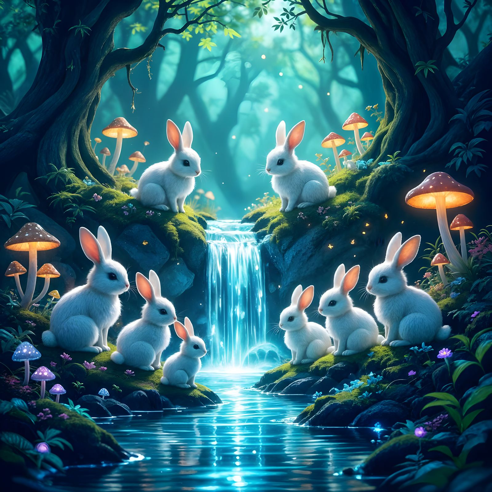 Stylized Rabbits at Liquid Light Waterfall in Fantasy Forest