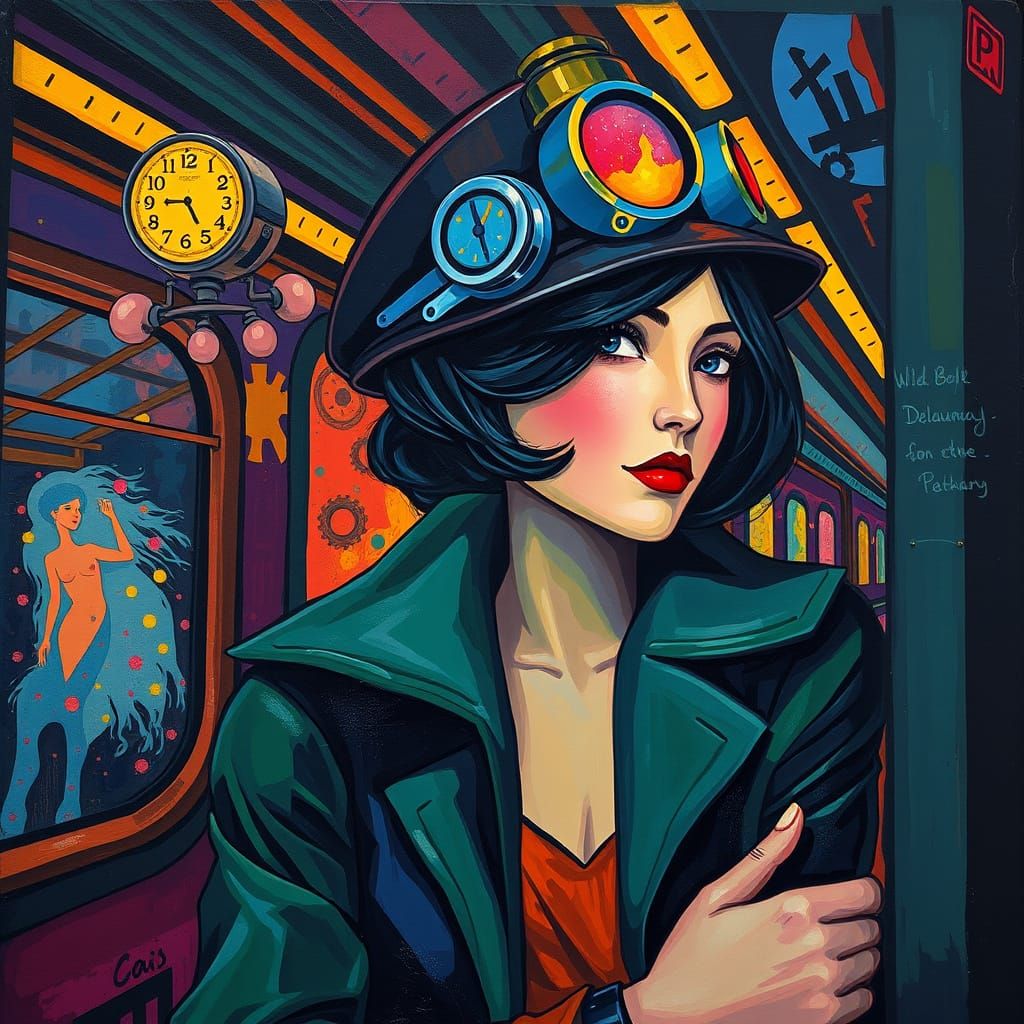 Steampunk Woman and Train in Fauvist Style