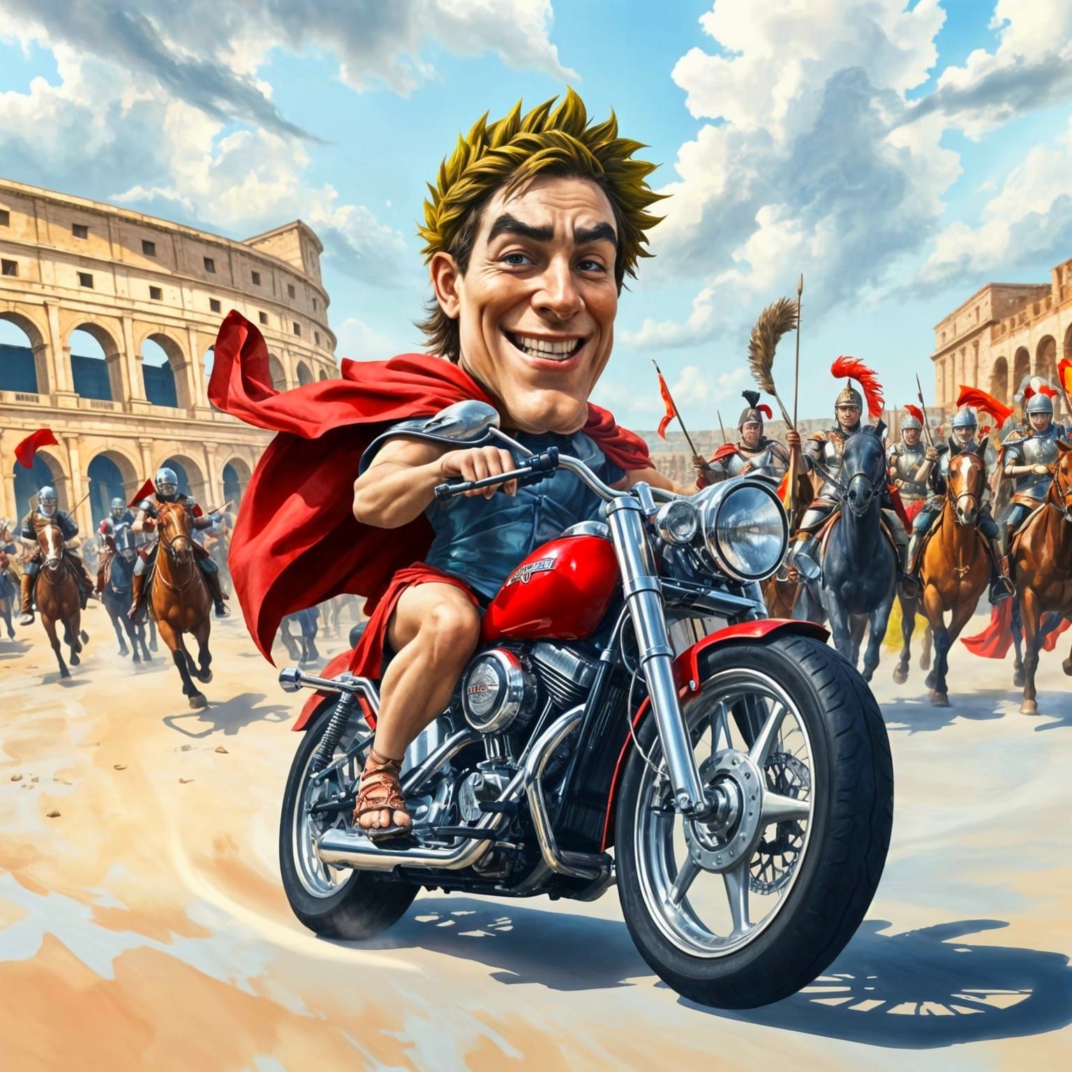 Caesar Rides Harley into Colosseum: Caricature Painting