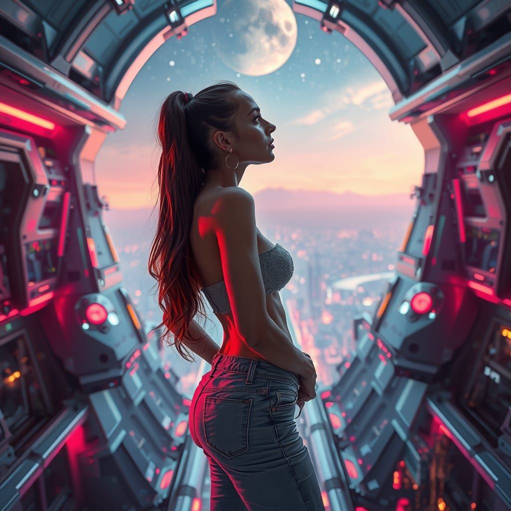 Futuristic Space Colony Woman in Hyperrealistic Style