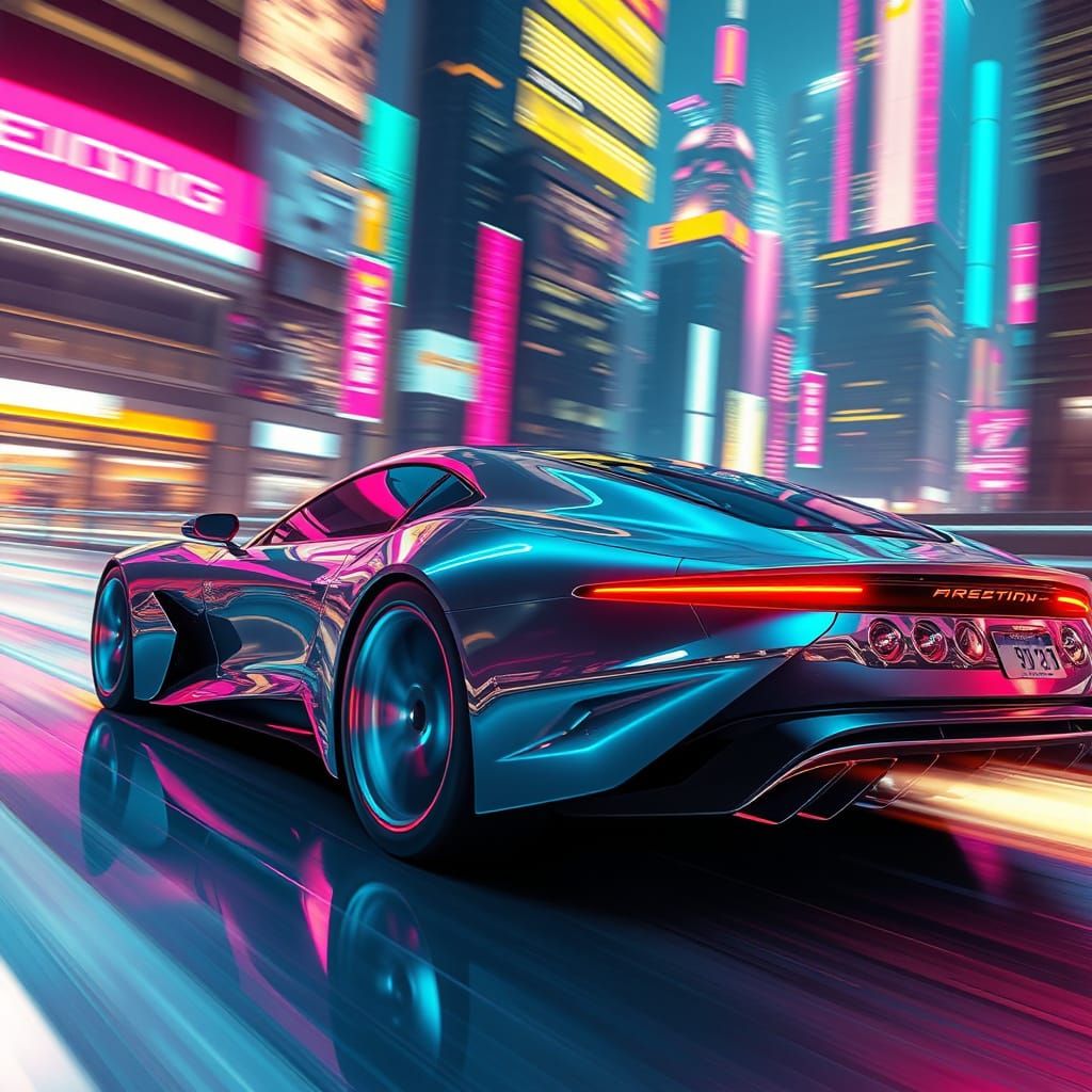 Futuristic Car Speeding Through Neon Cityscape