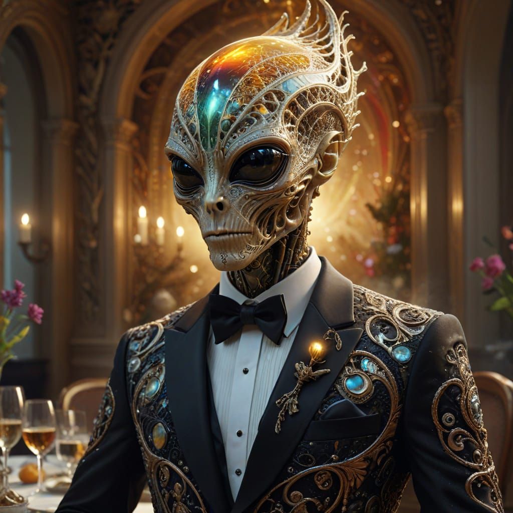 Alien in Tuxedo at Surreal Dinner Party - Vibrant Oil Painti...