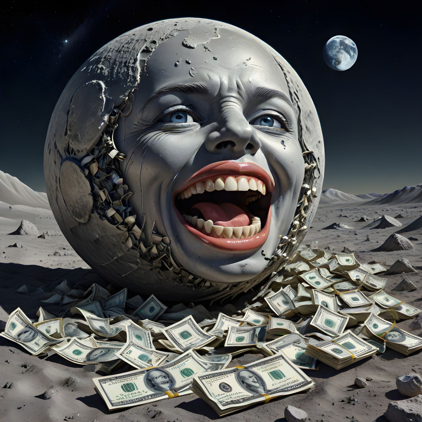 Surreal Image of Money and Mouth on the Moon, in Psychedelic...