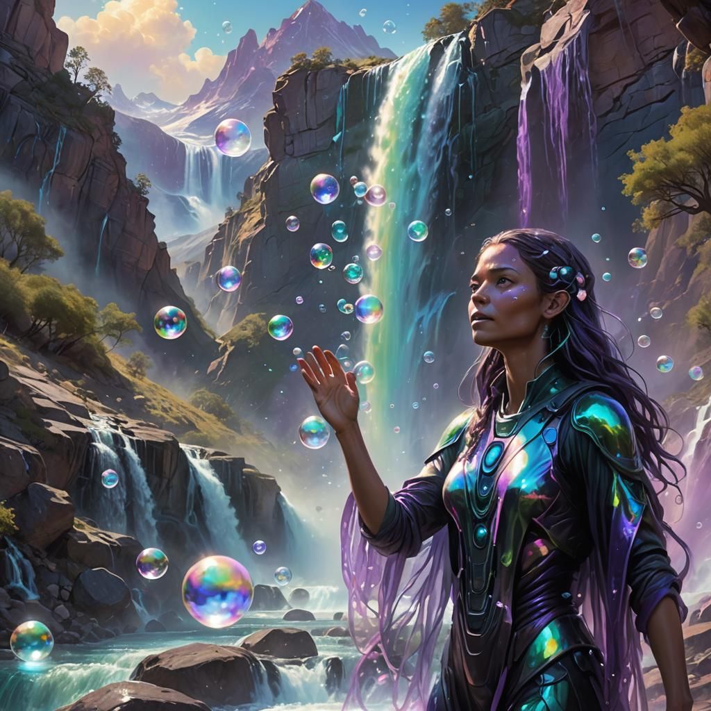 Iridescent Alien Woman and Waterfall Digital Art