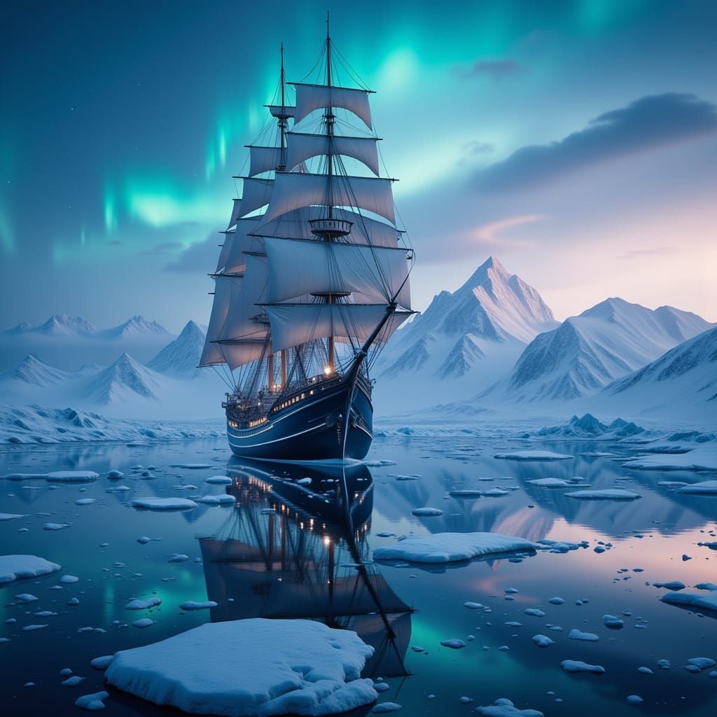 Majestic Tall Ship in Icy Waters Under Aurora Borealis