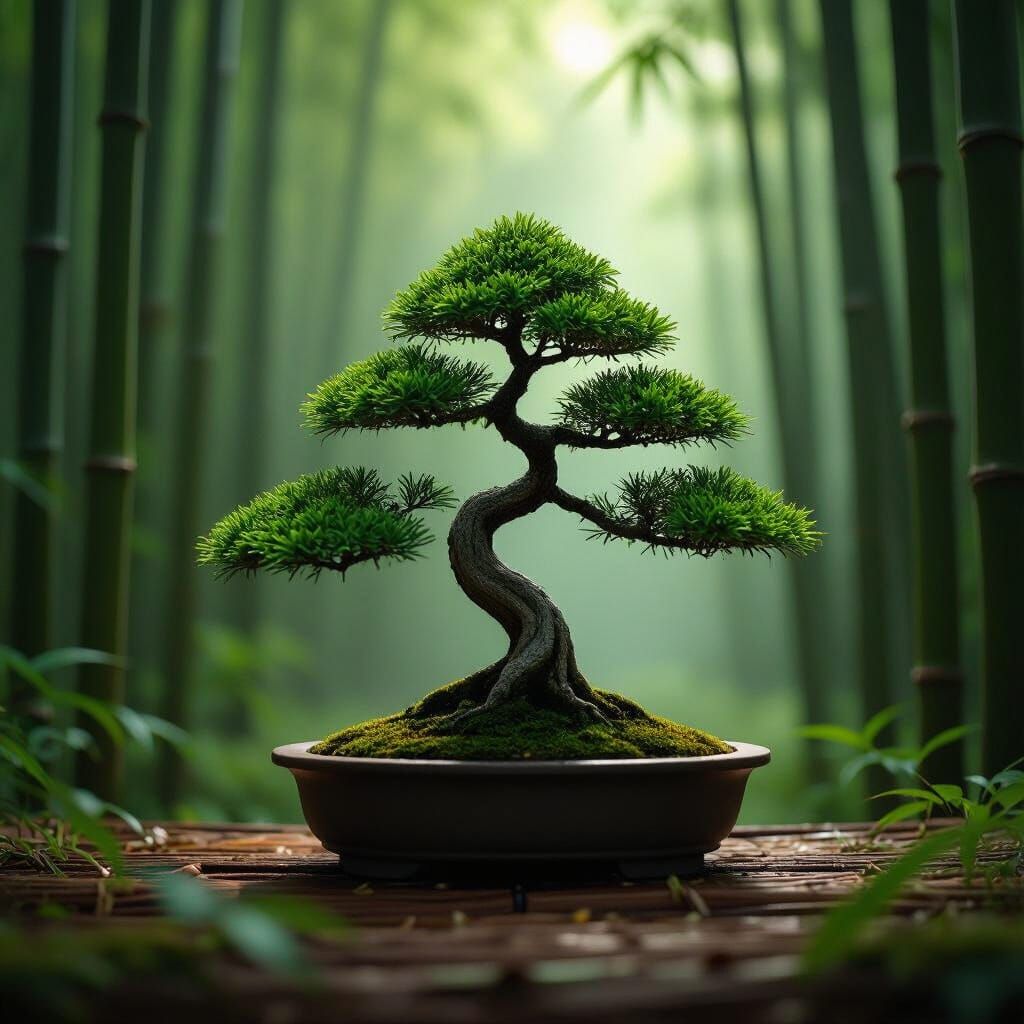 Serene Cypress Bonsai in Misty Bamboo Forest