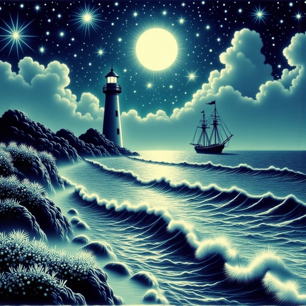 Moonlit Ocean Bay with Lighthouse and Sailing Ship in Japane...