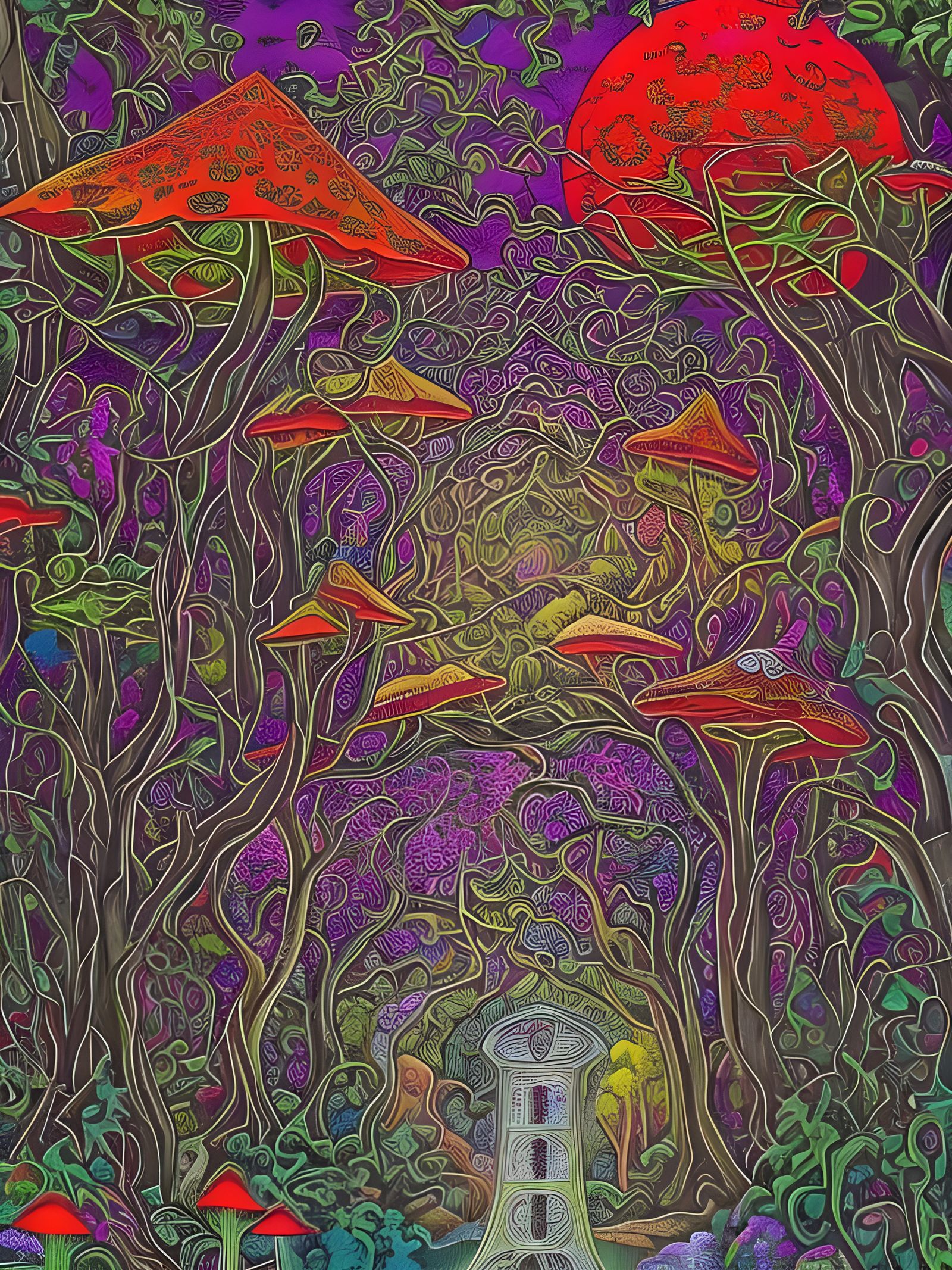 Colorful Mushroom Monument in Neon Fantasy Forest