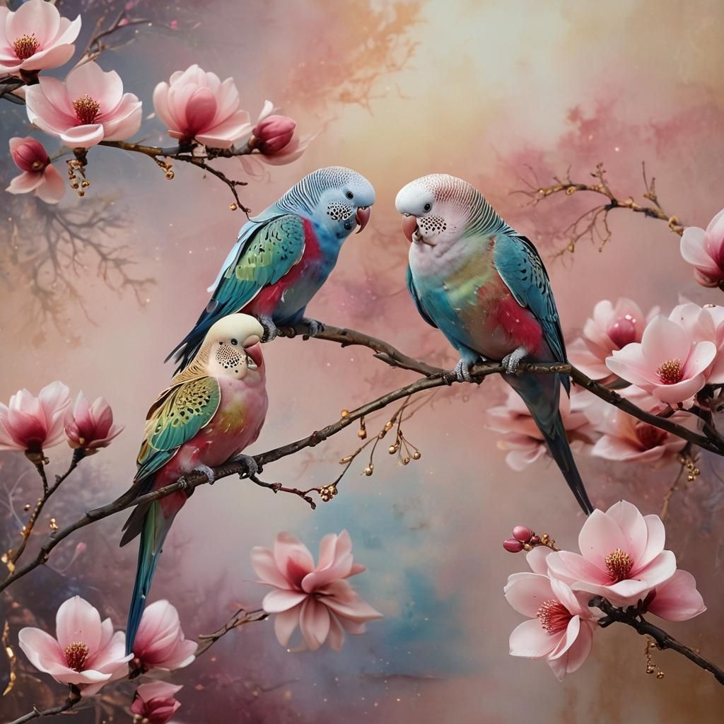Cute Budgie's in a magnolia tree