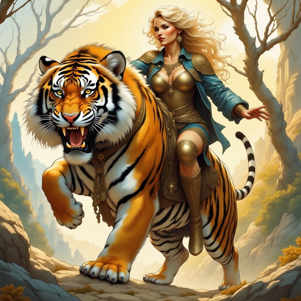 Smiling Monkey Rides a Tiger in Inked Style