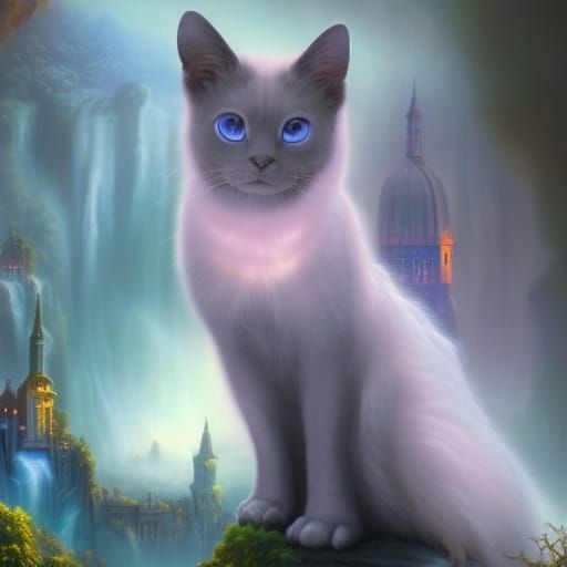 Beautiful Siamese cat with Crystal blue eyes& shimmery sparkly purple background& ethereal vibes& magical vibes