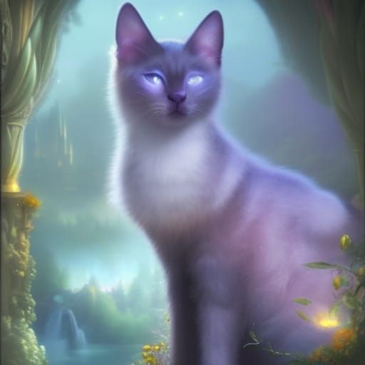 Beautiful Siamese cat with Crystal blue eyes& shimmery sparkly purple background& ethereal vibes& magical vibes