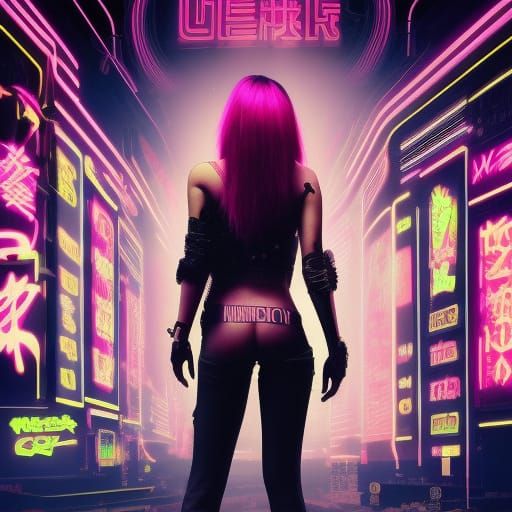 Cyberpunk Girl with Neon Hair and Lights