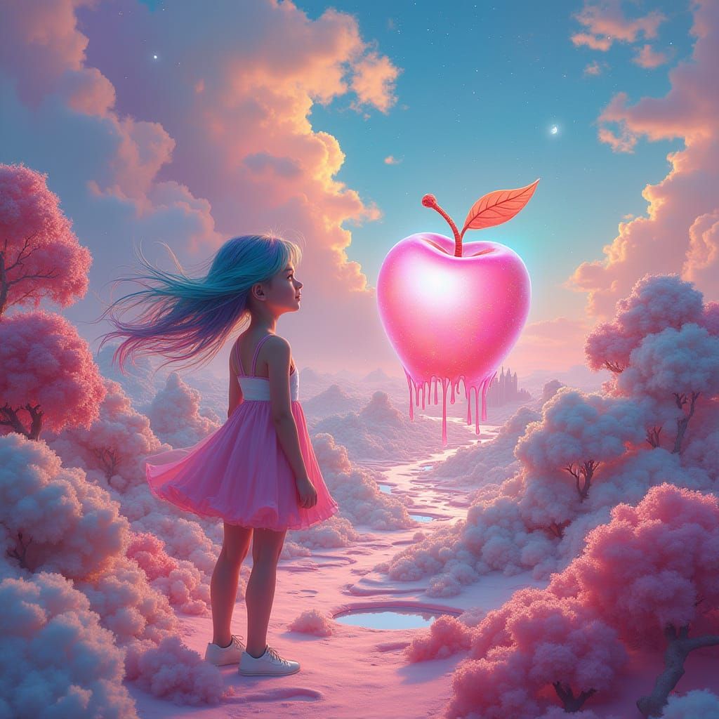 Girl Surrounded by Whimsical Candy Landscapes and a Glowing,...