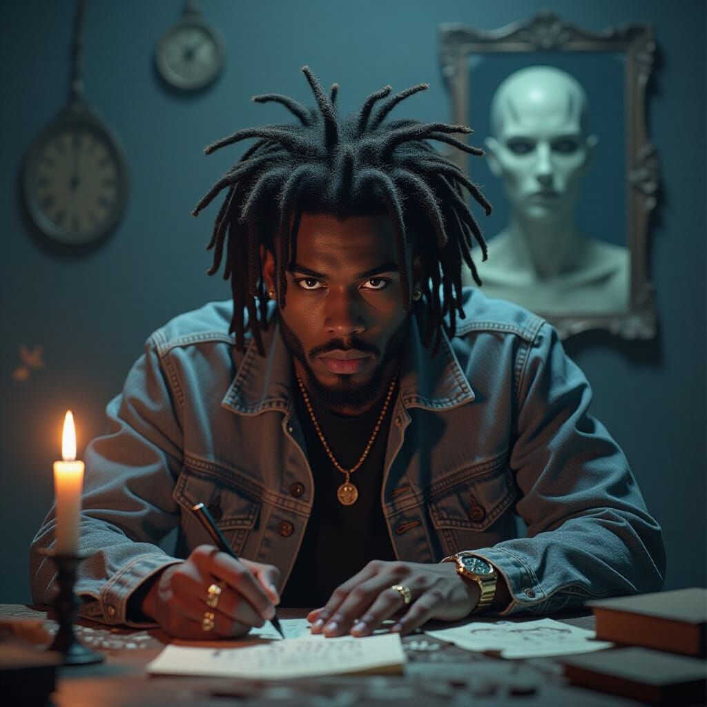 Intense Portrait of Man Writing by Candlelight