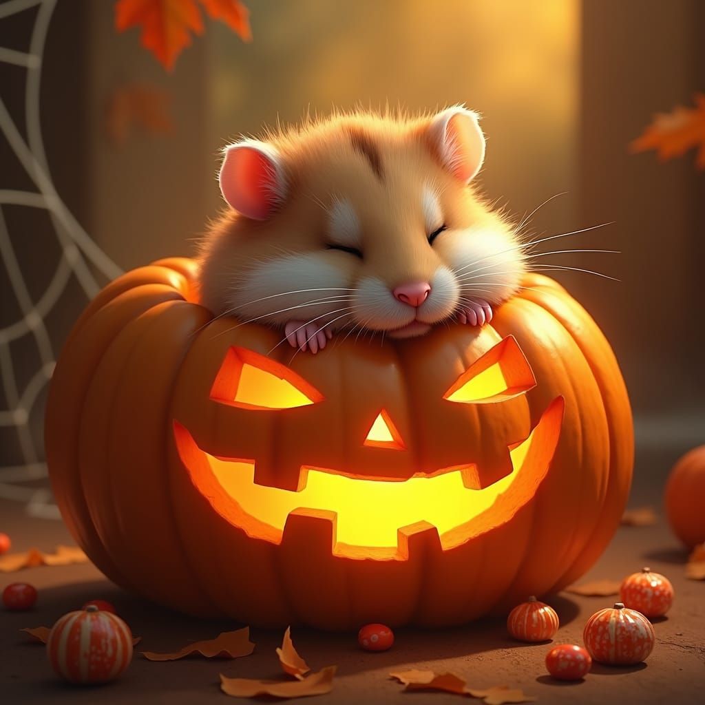 Hamster's Cozy Halloween Nap: Hyperrealistic Digital Art