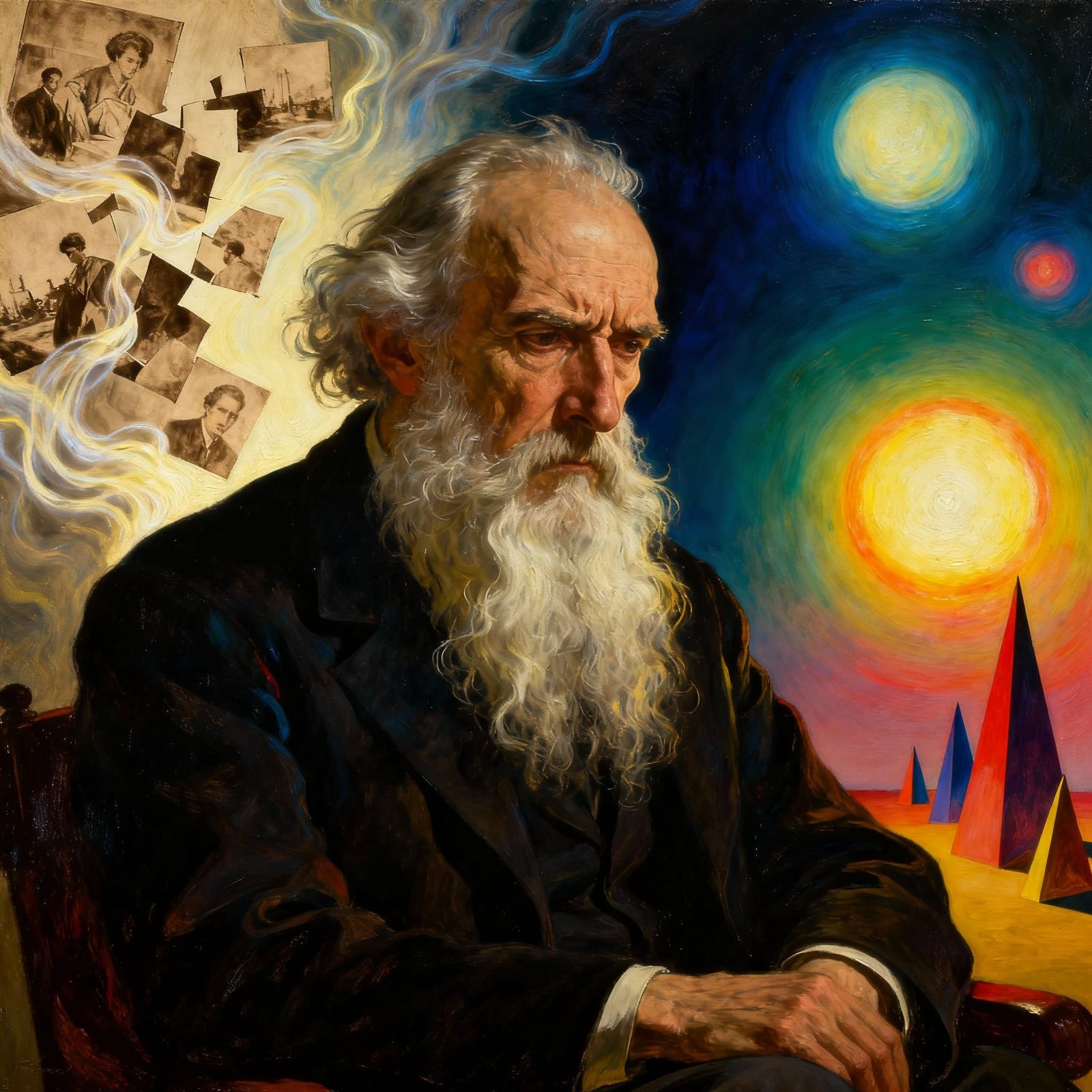 Elderly Man Contemplates Past and Future in Surreal Oil Pain...