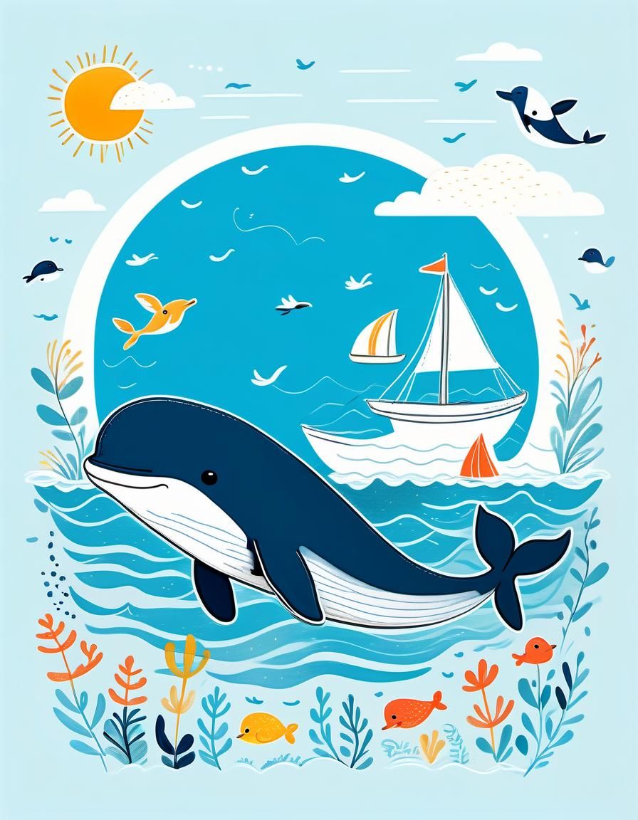 Cute Boho Whale in Summer Ocean Illustration