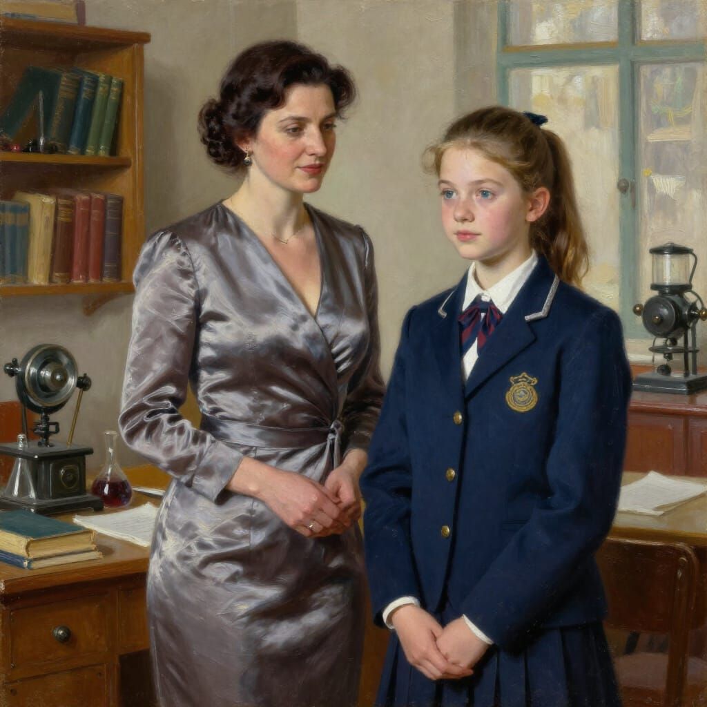 Elegant Teacher and Student in Sunlit Classroom Oil Painting