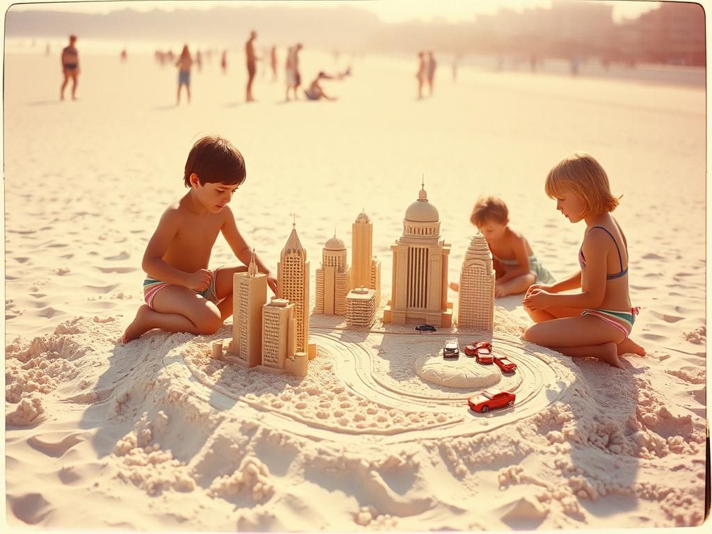 Retro Beach Scene: Kids Building Sandcastle City