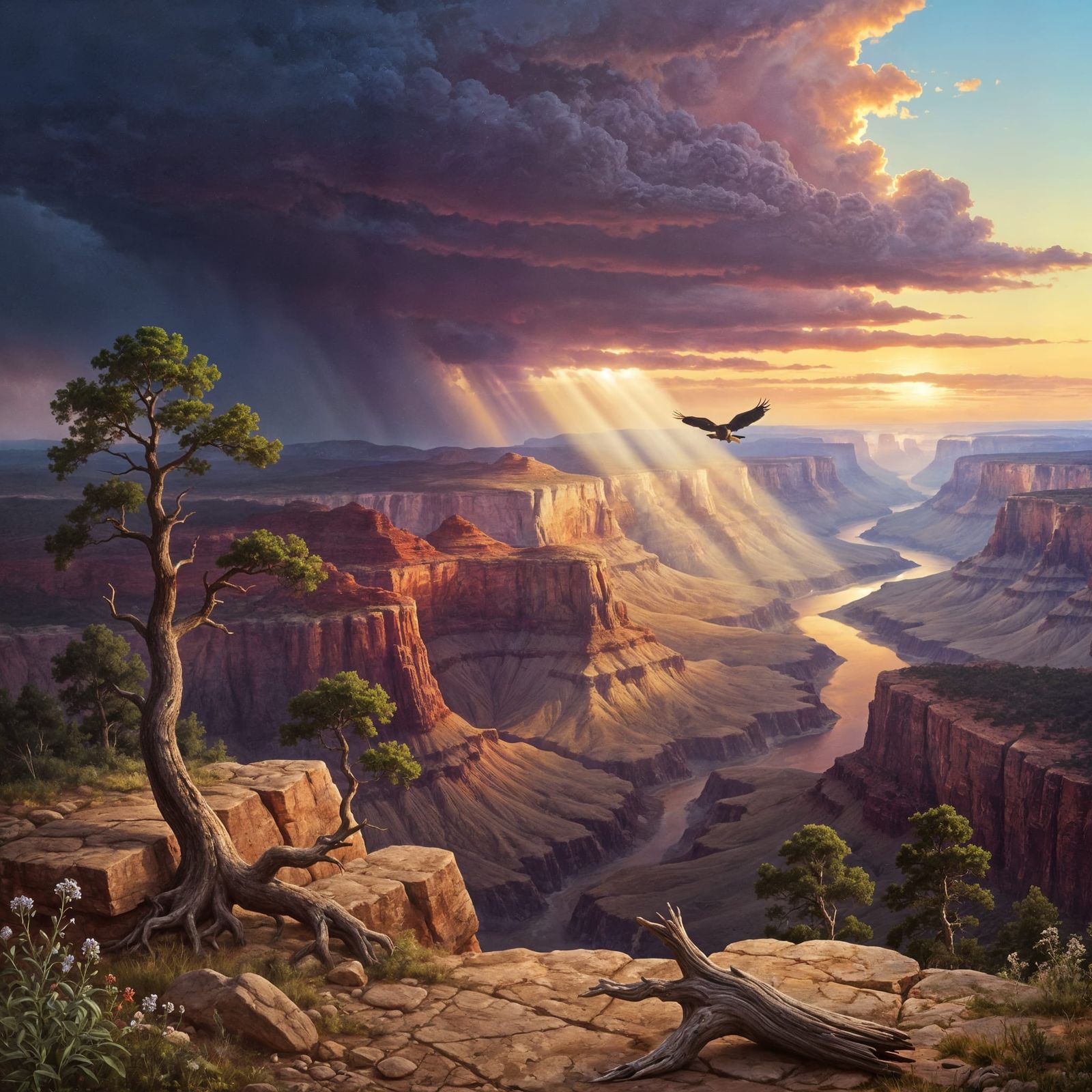 Hudson River School Canyon Sunset Oil Painting