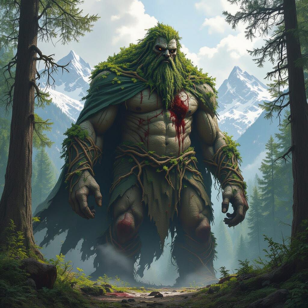 Realistic Earth Giant in Forest with Mountain Backdrop