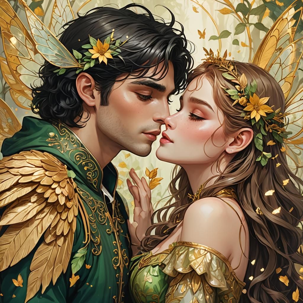 Fairies Kissing with Golden Skin and Pretty Eyes