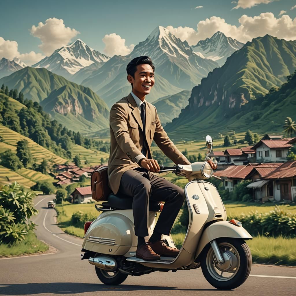 Indonesian Man on Vespa: Cinematic Caricature