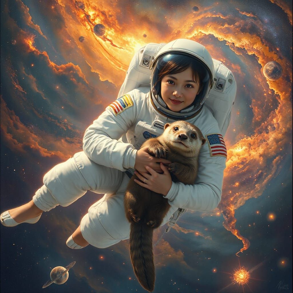 Astronaut with Otter in Space, Oil Painting