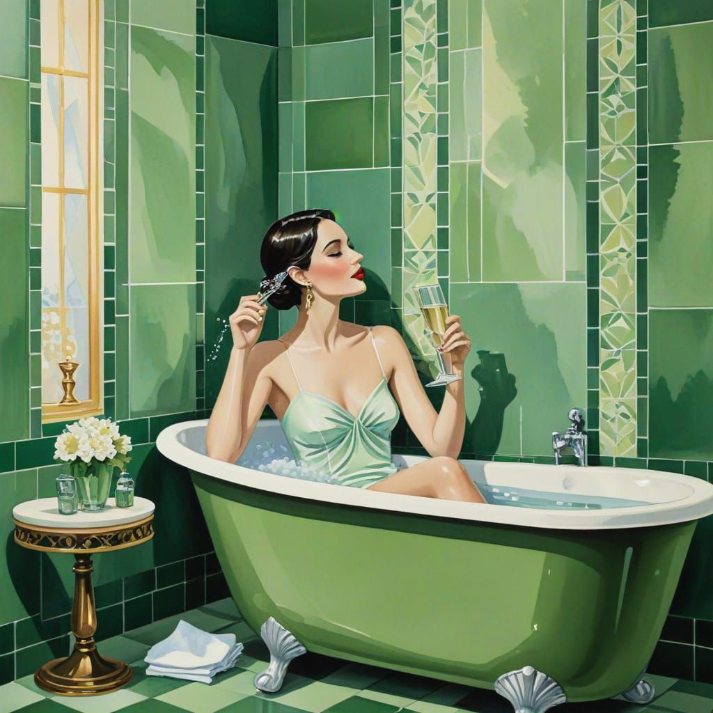 Art Deco Woman Sipping Champagne in Gouache Style