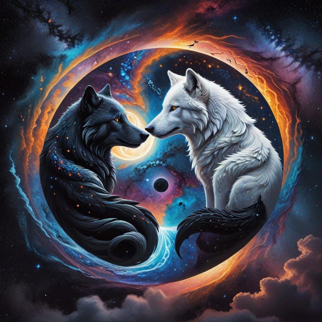 Yin Yang Symbol with Wolves and Cosmic Elements