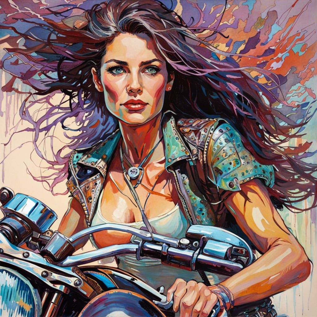 Woman on Motorcycle in Open Impressionism Style