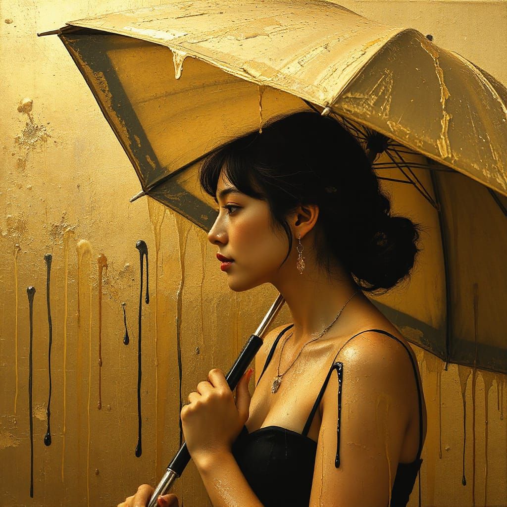 Woman in Profile with Dripping Umbrella in Gold Monochromati...
