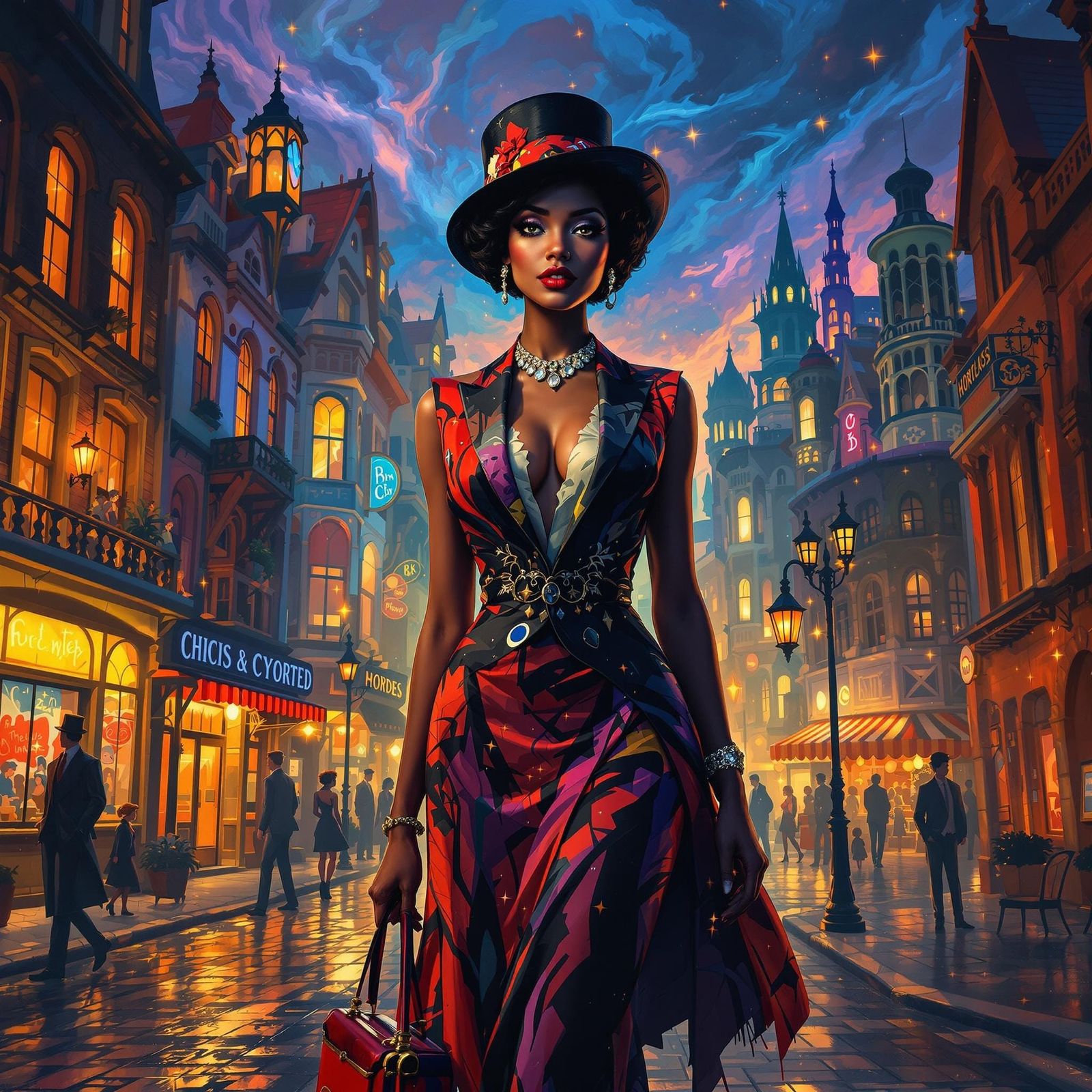Confident Harlem Renaissance Woman in Whimsical Cityscape
