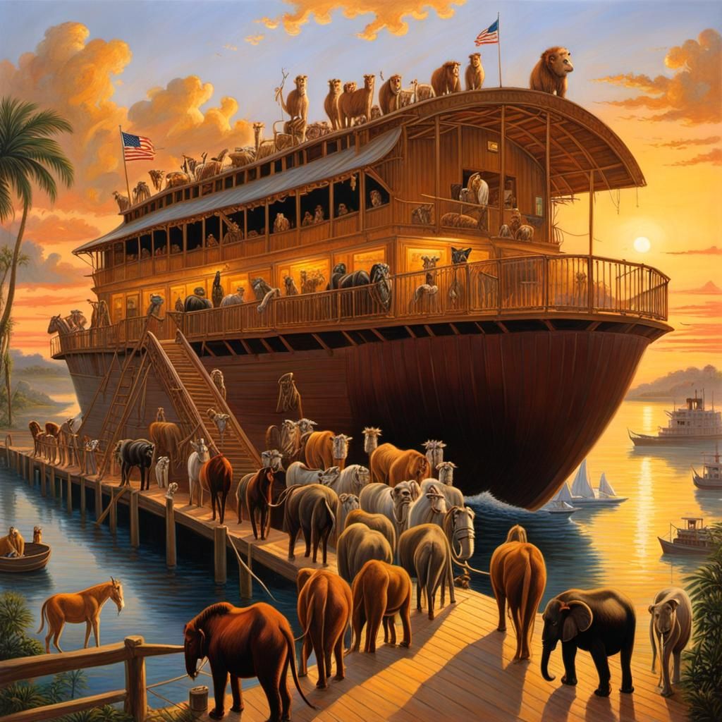 Animals Boarding Noah's Ark: Sunset Oil Painting