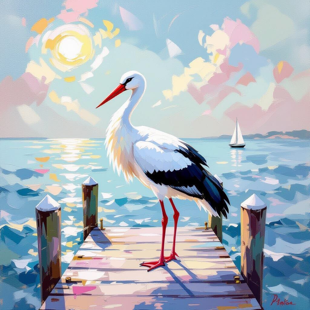 Stork on Dock: Impressionist Rococo Painting