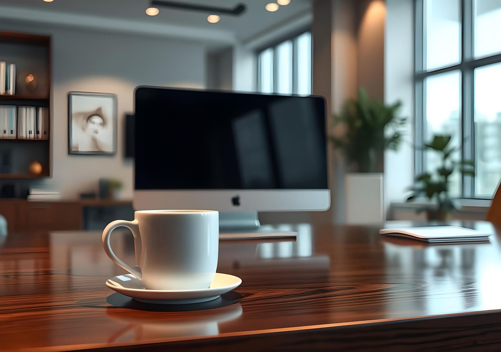 White Coffee Cup on Office Table in Matte Painting Style