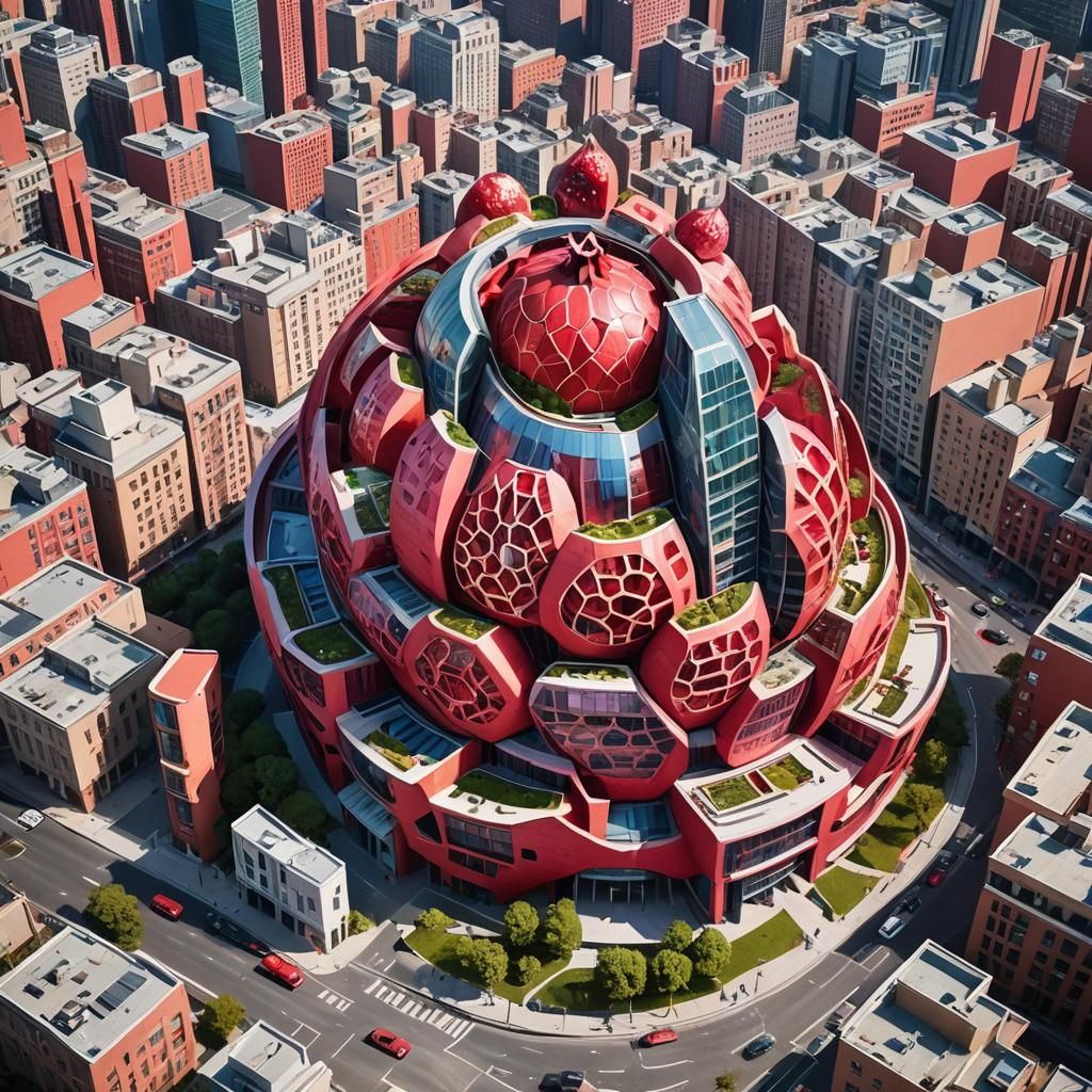 Futuristic Fruit Building in Urban Cityscape