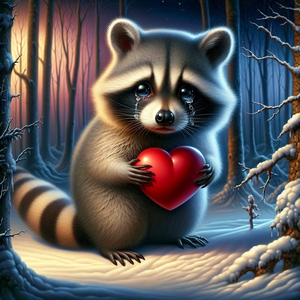 Crying Raccoon with Heart in Surreal Winter Forest