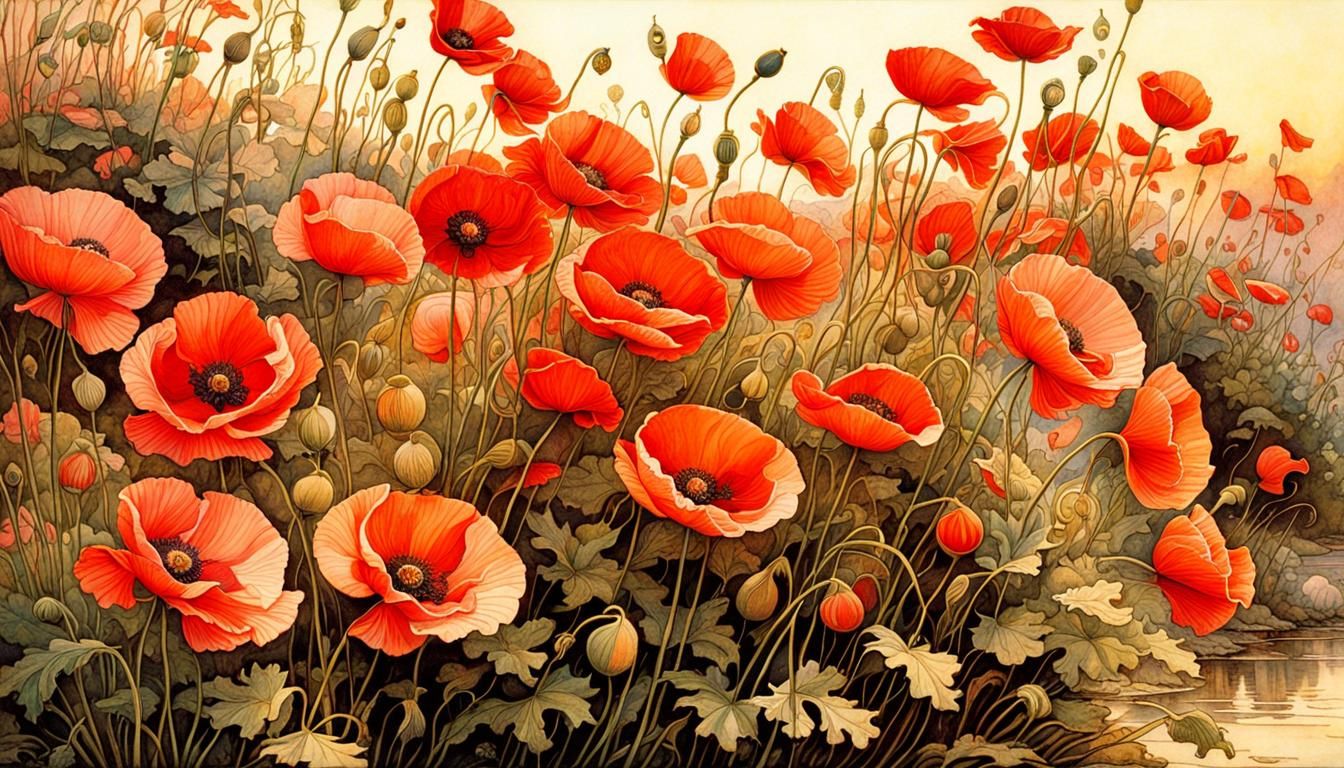 Poppies in Pink Evening Light: Intricate Vintage Style