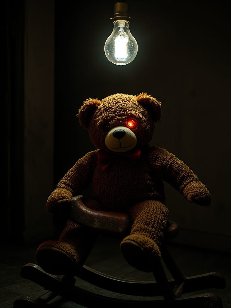Sinister Teddy Bear on Rocking Horse in Shadows