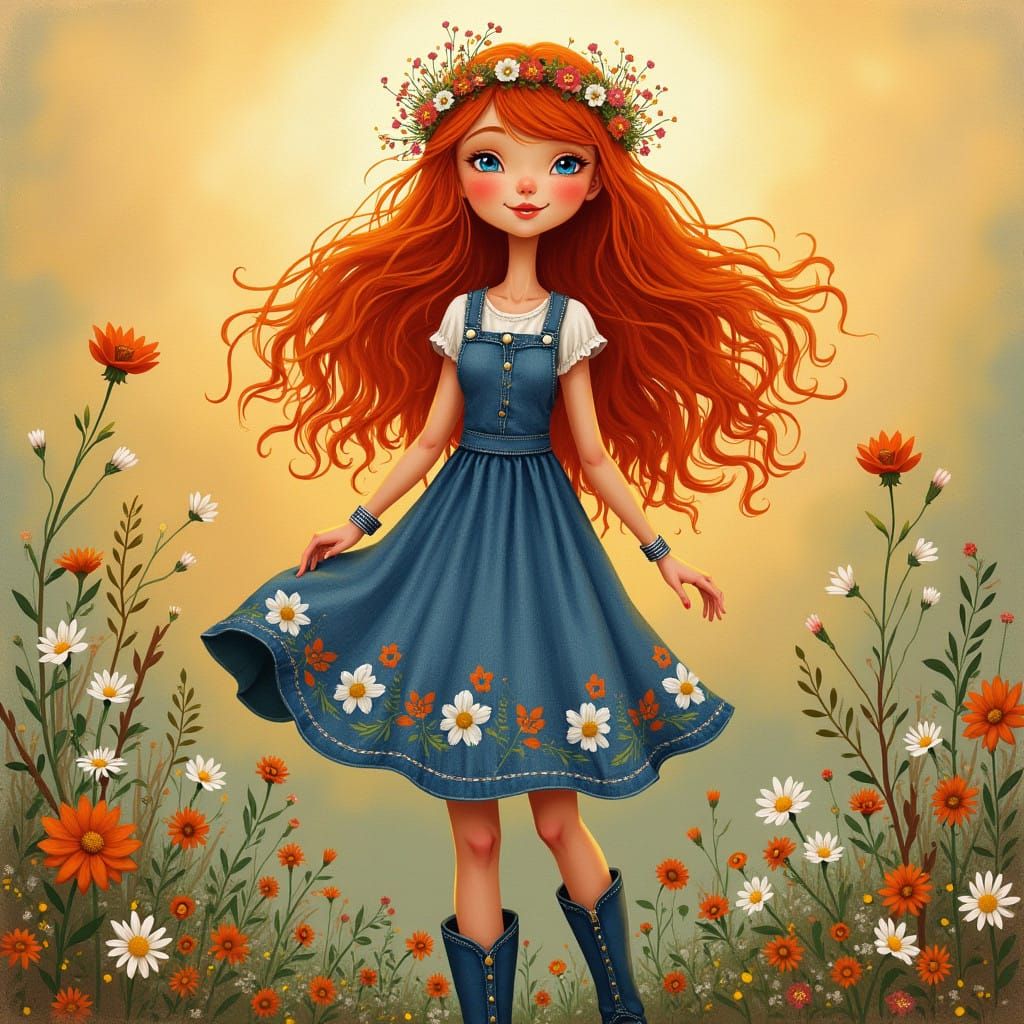Free-Spirited Woman in Whimsical Denim and Florals, in a Sof...
