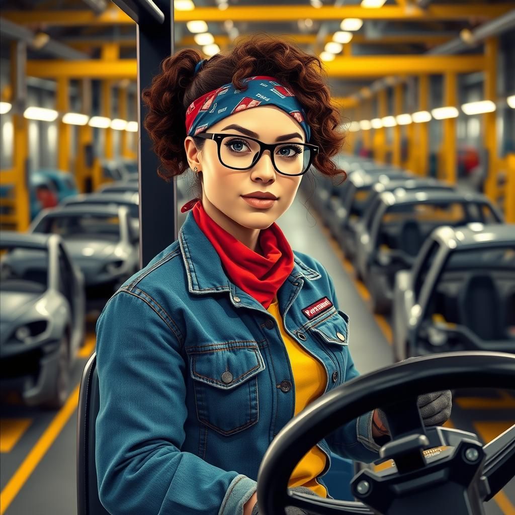 Blue Collar Woman in Factory, Pop Art Style