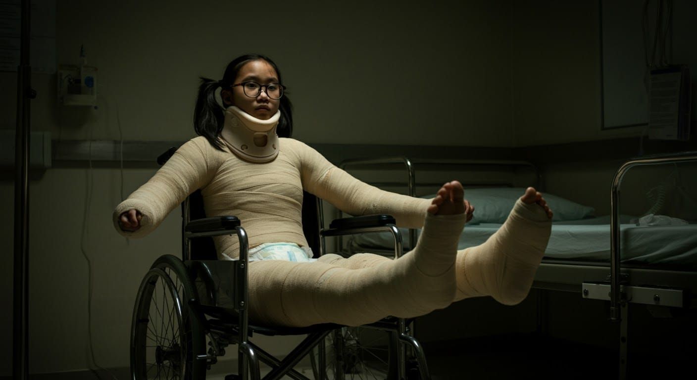 Girl in Full Body Cast in Noir Hospital Room