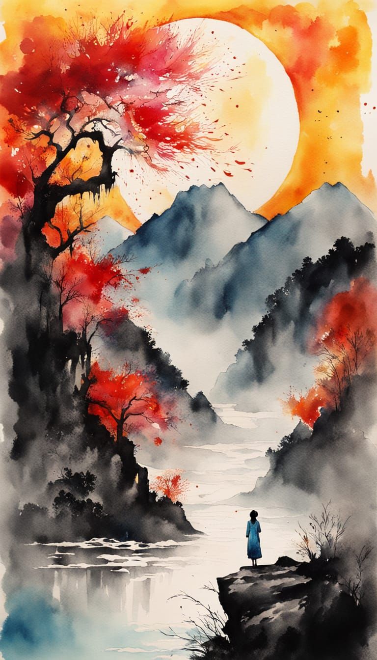 Chinese Woman in Bamboo Garden: Watercolor Painting