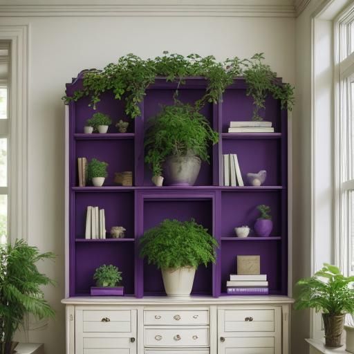 Elegant Ivory and Purple Bookcase with Plants