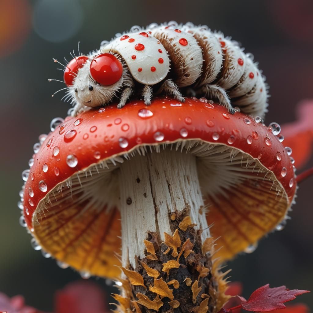 Red Caterpillar on Mushroom, Macro Photography