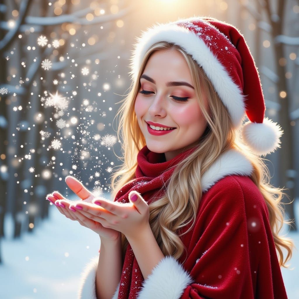 Smiling Woman in Snowy Garden at Christmas