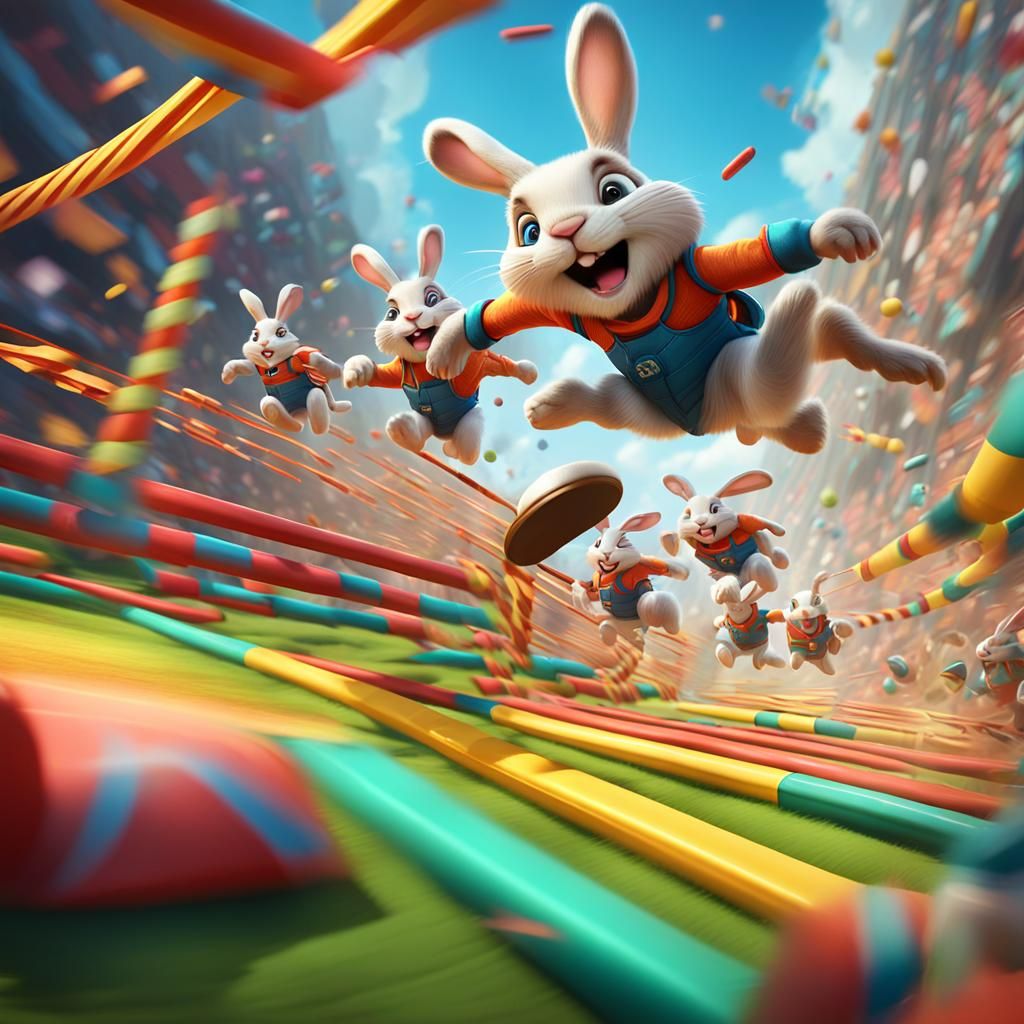 Bunnies Race Through a Vibrant Agility Course