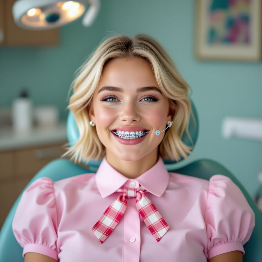 Young Woman with Braces in Dentist Chair